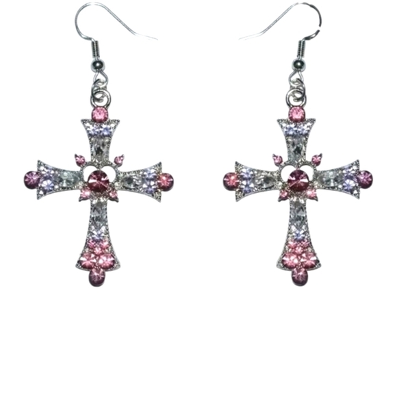 NEW Pink & Clear Rhinestones Cross dangle earrings - Picture 1 of 9